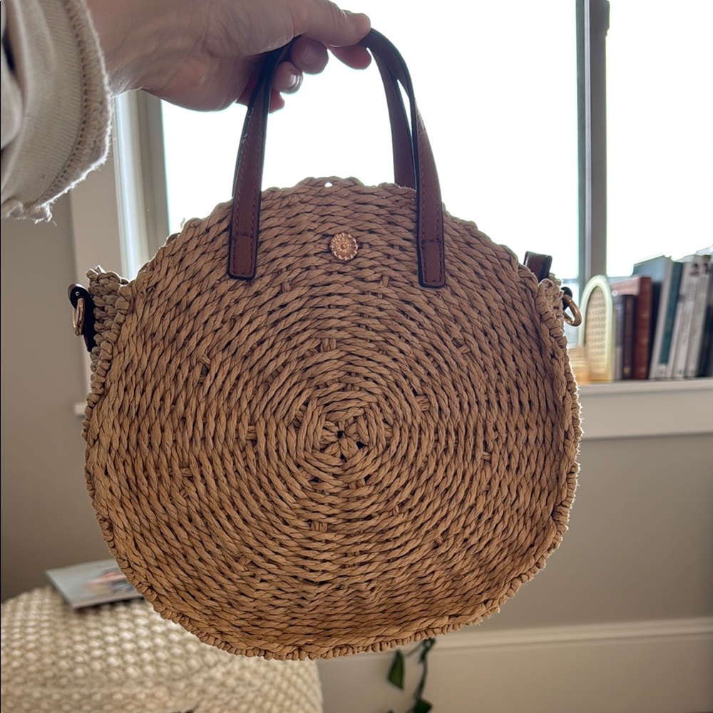 Woven Round Straw Tote with Brown Leather Handles